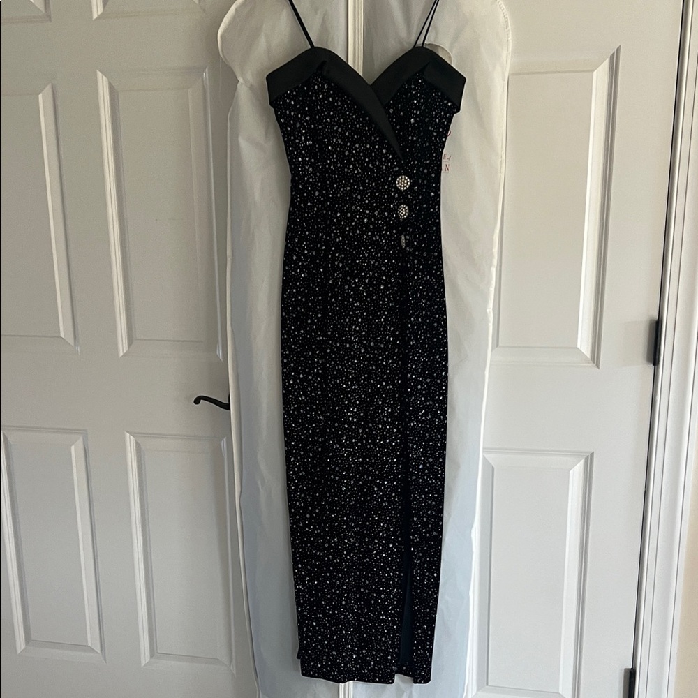 Betsy & Adam black spaghetti strap gown